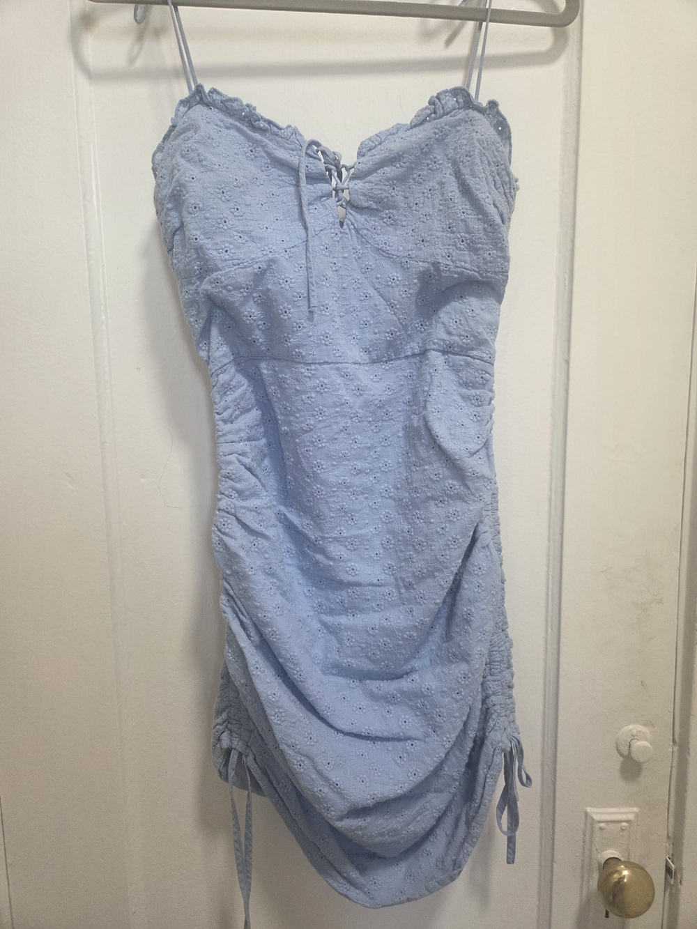 Light Blue Eyelet Lace-Up Spaghetti Strap Mini Dress